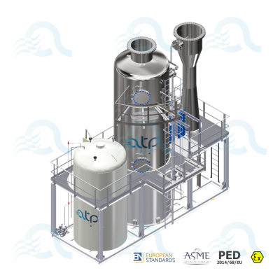 Impianto di scrubber post-ossidazione con unità cilindrica in acciaio inossidabile, tubazioni e valvole accanto a una struttura industriale.