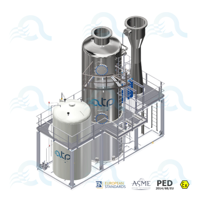 Post-oxidation scrubber system with stainless steel cylindrical unit, piping, and valves next to an industrial facility